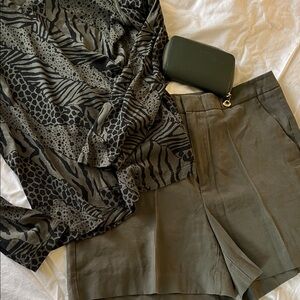 Olive Women's Bermuda Shorts and Unique V neck top and leather wallet.